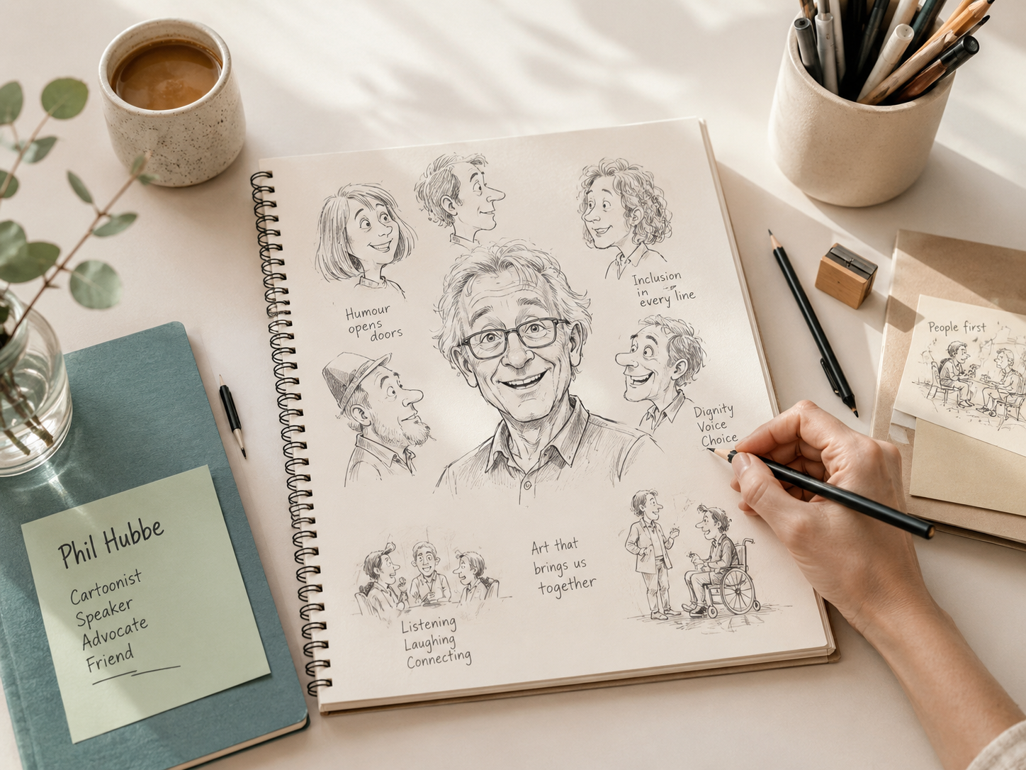 Künstlerische Darstellung zu Phil Hubbe, Kunst, Humor und Teilhabe
