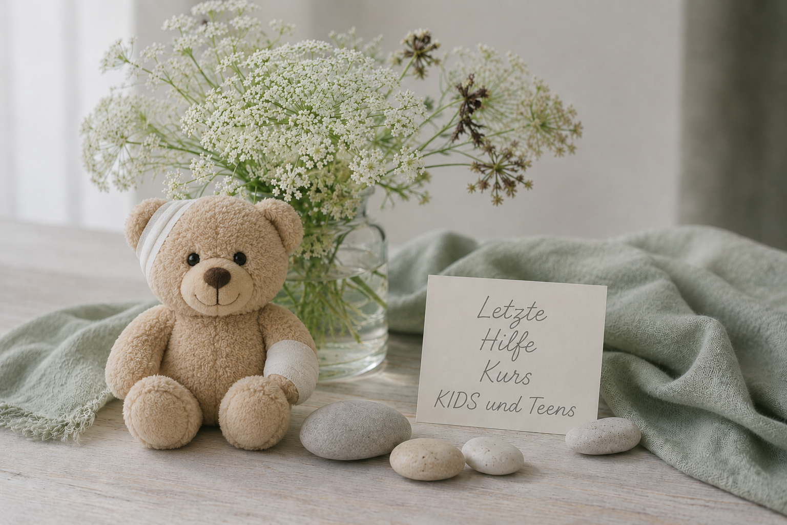 Kindgerechtes Letzte-Hilfe-Kurs-Motiv mit Teddybär mit Verband