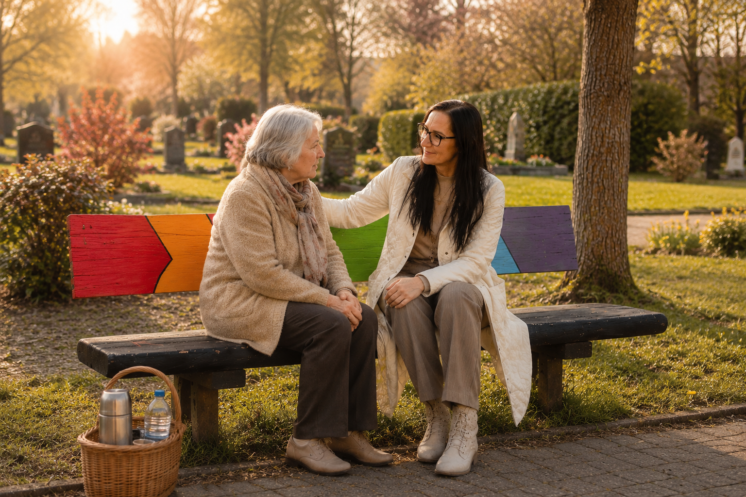 Bunte Trauerbank auf dem Friedhof in Laubach