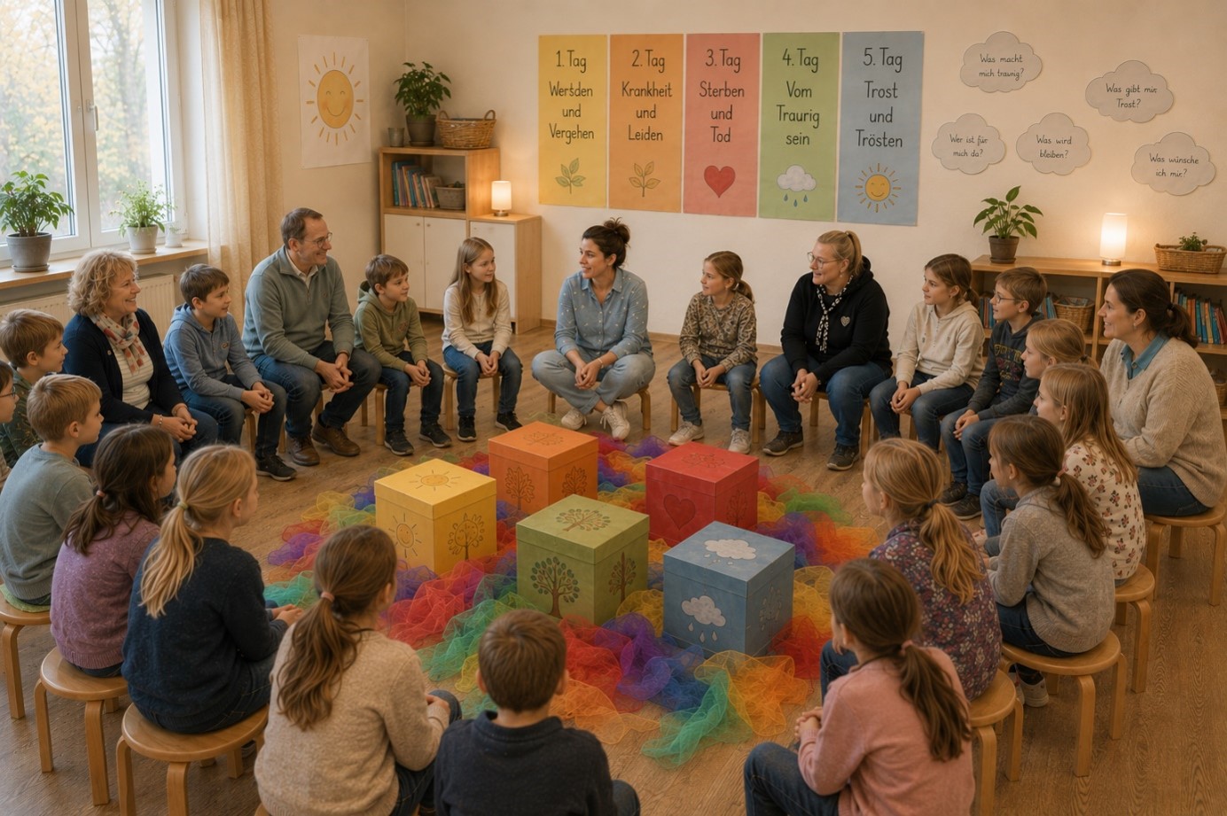 Kinder gestalten kreativ während des Projekts Hospiz macht Schule