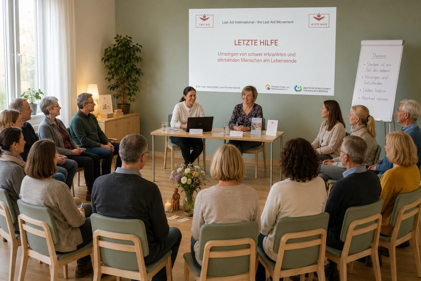 Erwachsene Menschen sitzen im Kreis während eines Letzte-Hilfe-Kurses mit zwei Dozentinnen vorne